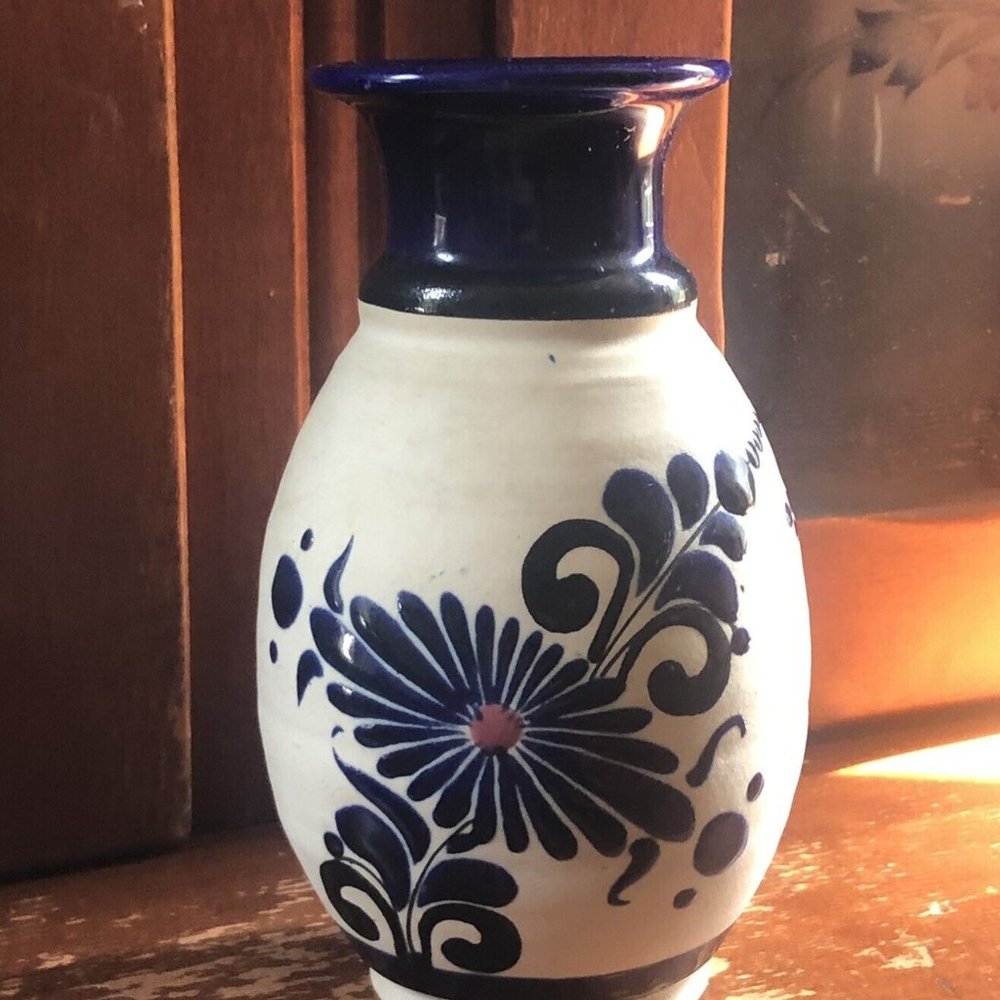Mexican Handmade Pottery Vase by Vicman with Blue Flower Dessign